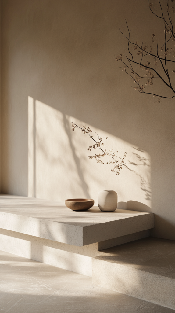 Minimalist shelf with wide spacing between objects in light neutral tones