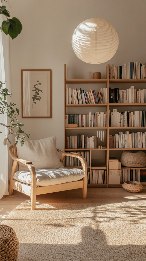 Light and functional Scandinavian living space with wood shelves and Japandi accents