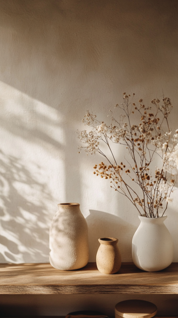 Clay candle holders styled in minimal Japandi interior with warm natural tones.