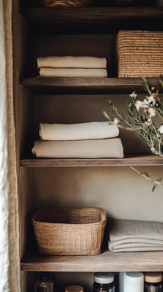 Japandi-style shelving with linen textiles and handmade baskets in neutral tones.