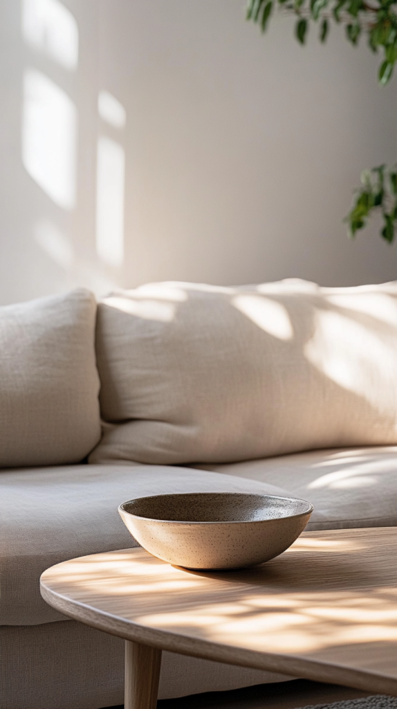Minimalist Japandi living room with light wood furniture, linen sofa and natural handmade accents.