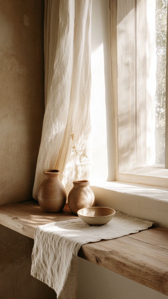 Wooden shelf with linen cloth and clay vase in soft light