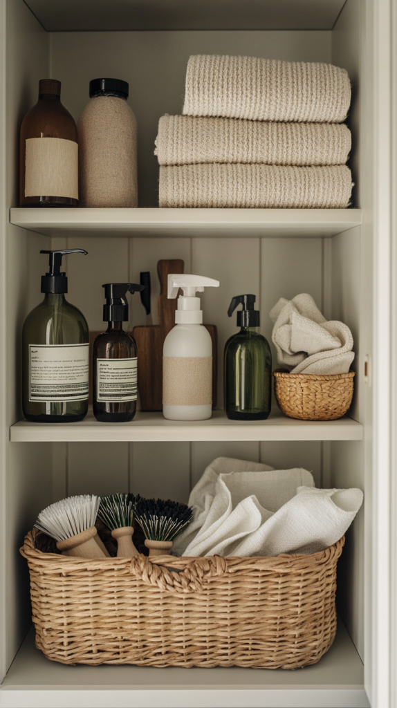 Pantry basket with neatly organized cleaning supplies in soft green and beige tones