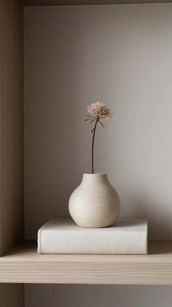 Minimalistisch gestyltes Regal mit Kerze, Vase und Leinenbuch im warmen Licht.