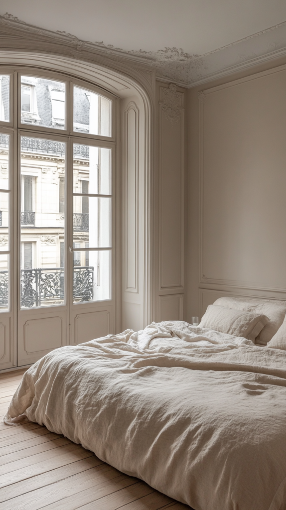 Bedroom with taupe walls, linen bedding, and soft daylight in a calm, neutral palette