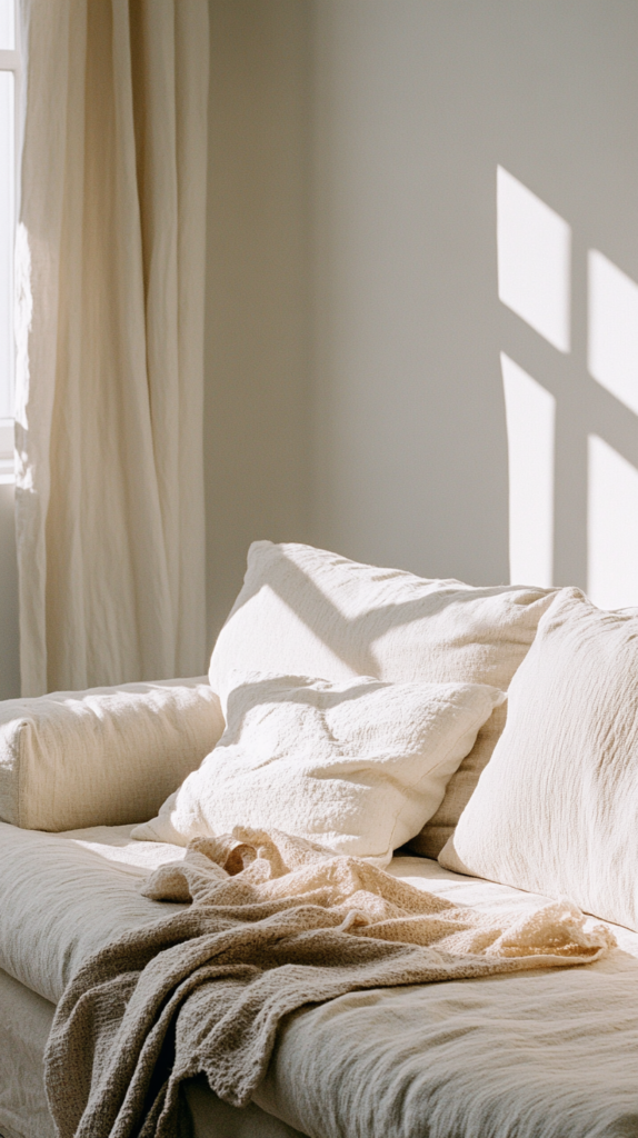 Decluttered Japandi-style living room with natural tones and clear surfaces.
