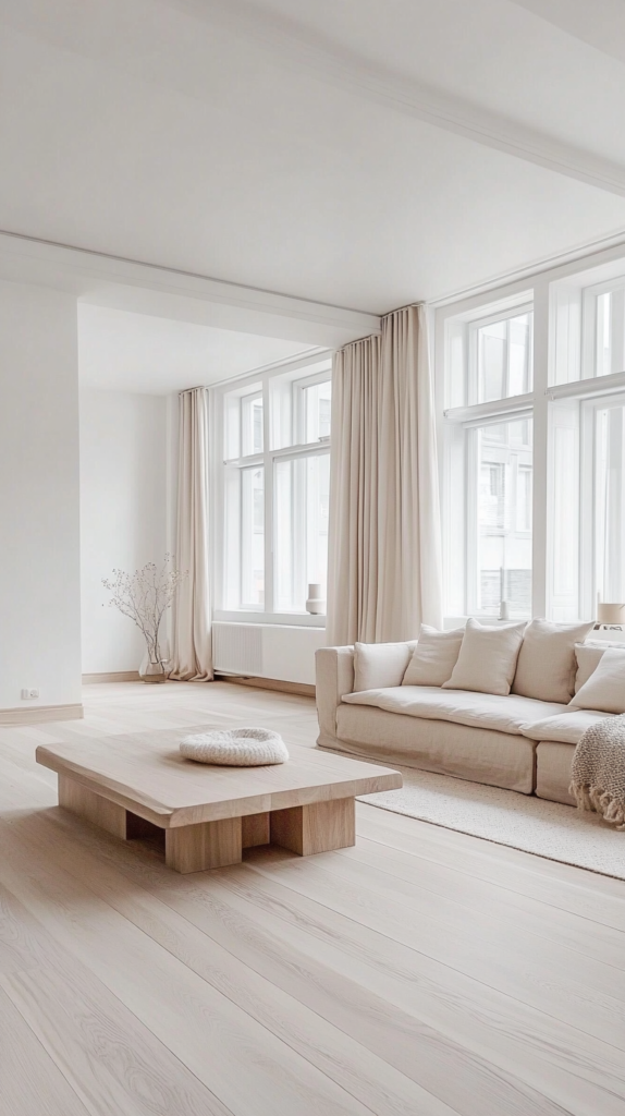 Scandinavian living room with white walls, beige sofa, and wool throw on light wood floors