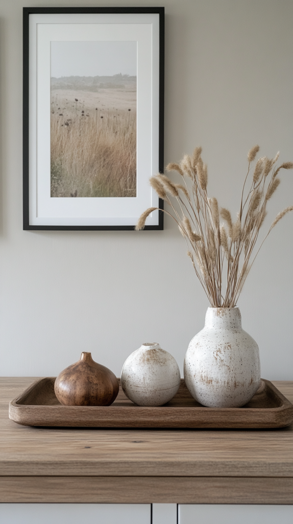 Entryway styled with neutral base decor and seasonal accents like spring flowers and soft artwork.
