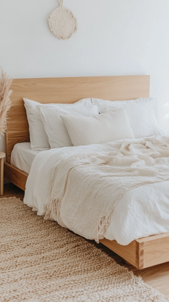 Low-profile wood bed with linen headboard in soft neutral bedroom