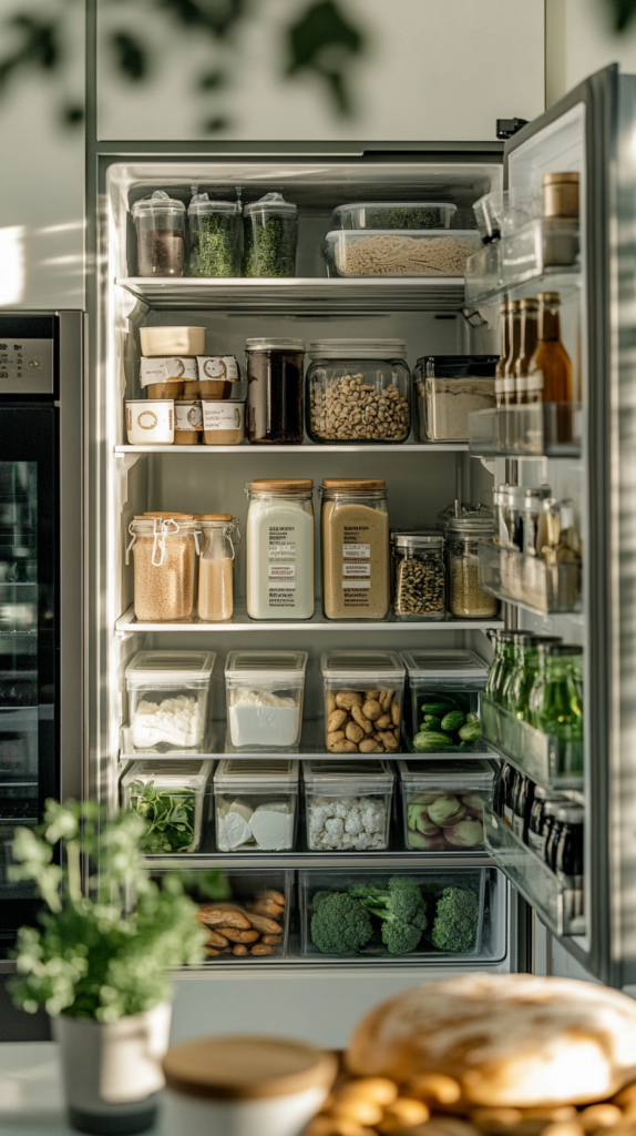 : Fridge labeled with aesthetic script tags and dated leftovers