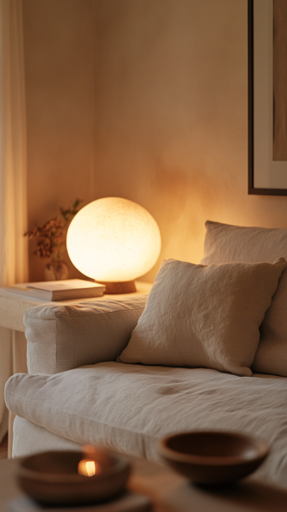 Cozy living room lighting with soft linen lampshades and warm glow