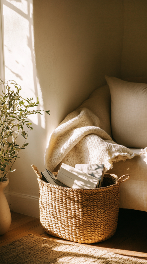 Cozy natural living room with seagrass woven baskets as stylish storage