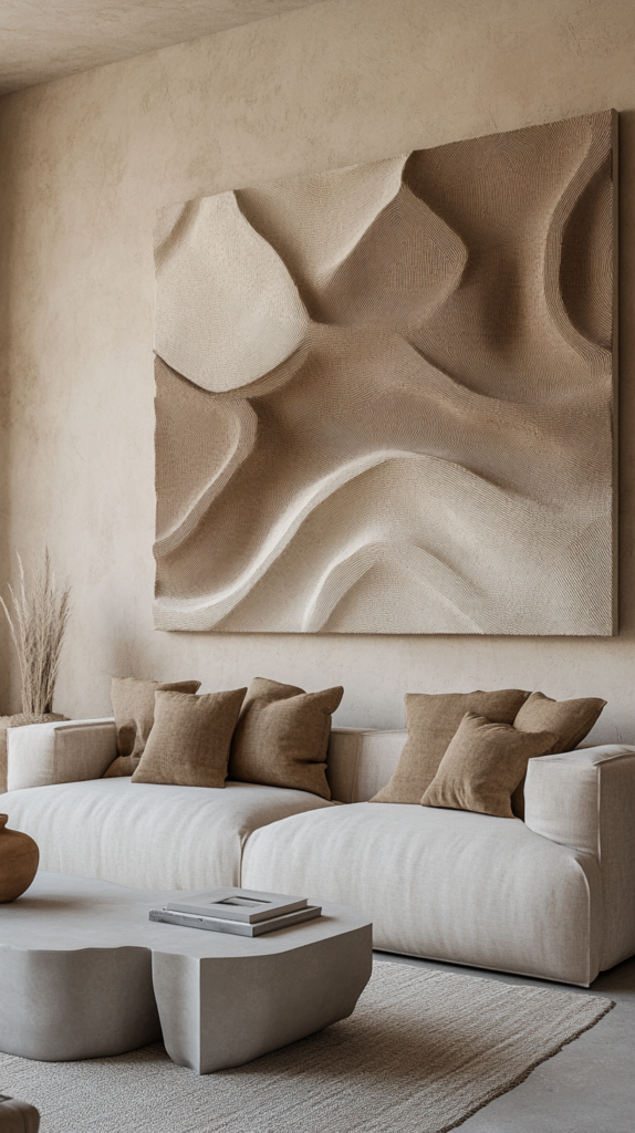 Minimalist natural living room with earth-toned wall art in organic textures