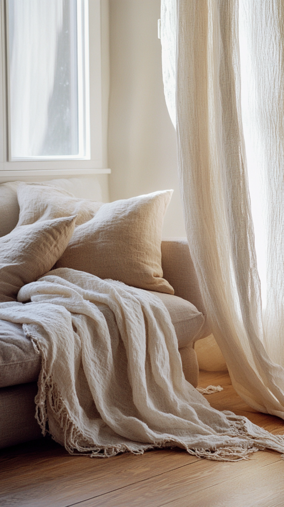 Cozy natural living room with layered linen textiles in beige and sand tones