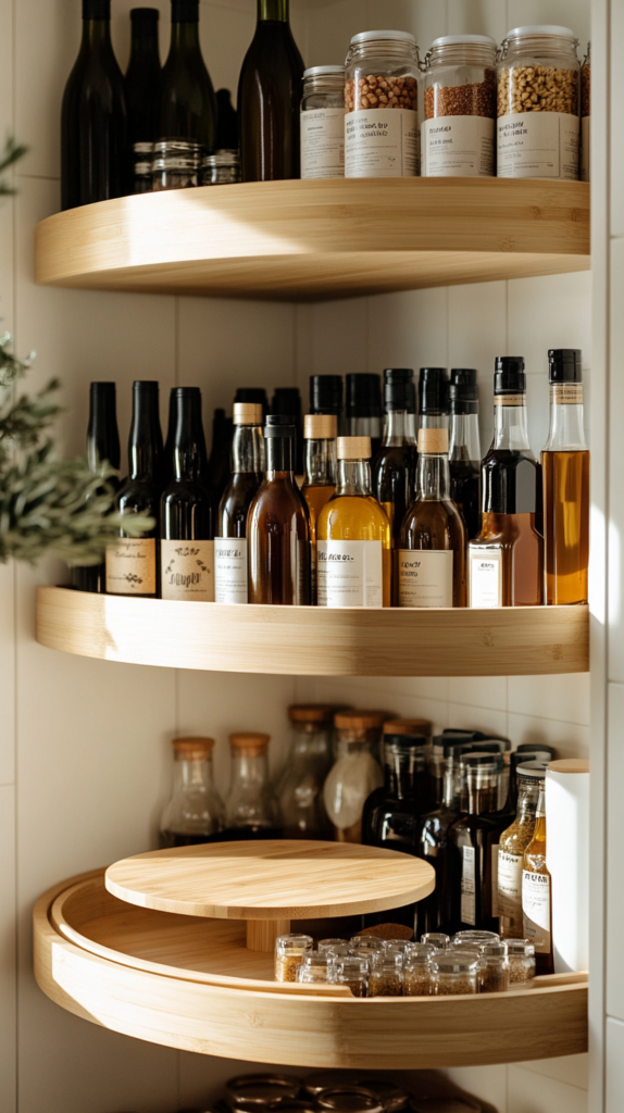Natural wood Lazy Susan in a warm-toned pantry holding spice jars and oils