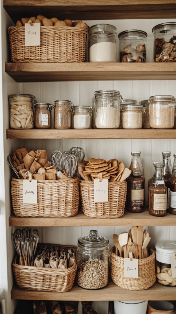 Neutral-toned pantry with natural woven baskets organizing snacks and loose goods