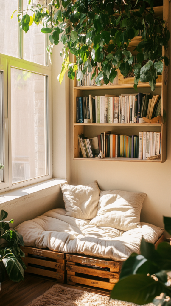 Toddler reading area with hanging leaves and natural decor