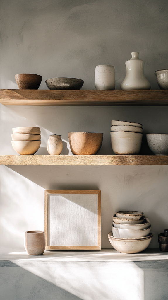 Shelf styling with linen-framed print and small sculptural decor