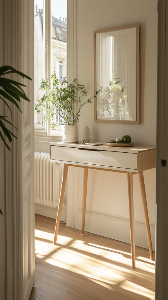 Compact spring entryway with slim furniture and clutter-free styling in soft, airy tones.