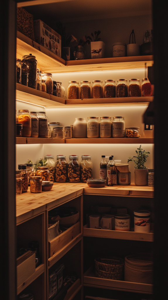 Pantry shelves with wood risers holding multiple layers of food jars and cans