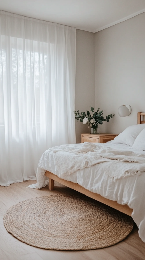 : Open layout in neutral bedroom with sheer curtains and natural light