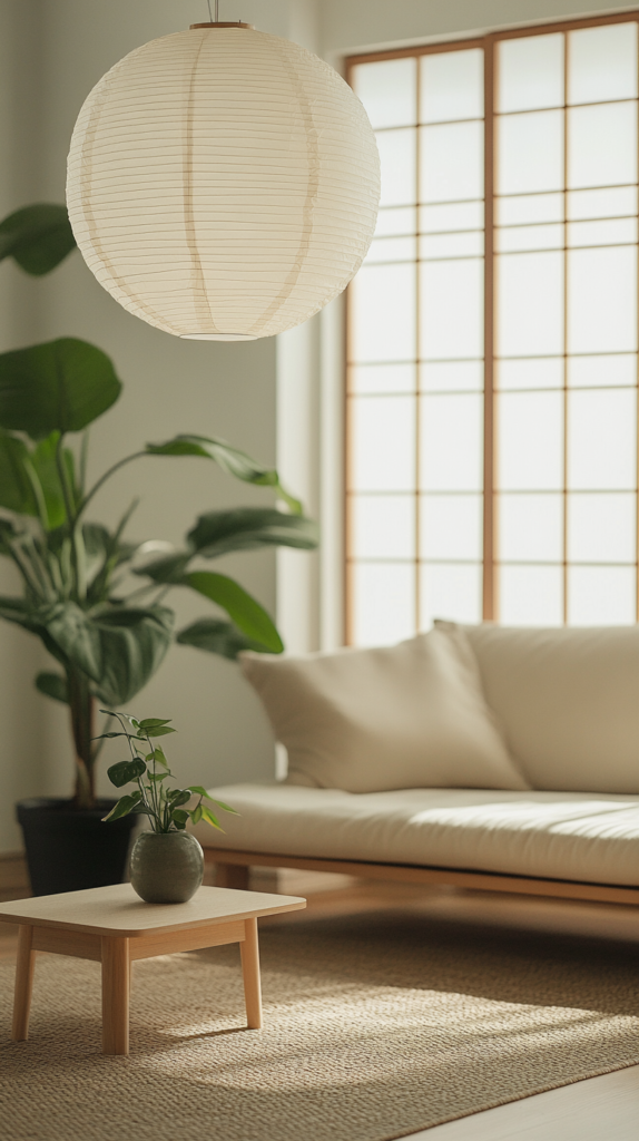 Airy Japandi room with minimal furniture and natural light, featuring a floor plant and lantern.