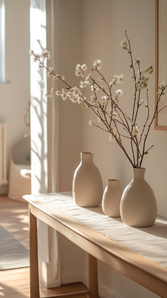 Bright entryway with light wood table, ceramic vases and spring-inspired faux flowers in pastel tones.