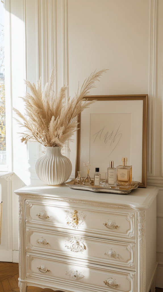 Softly styled bedroom dresser with neutral decor and gentle light