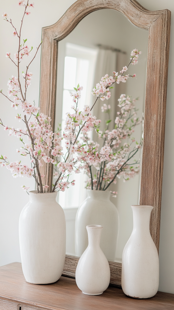 Styled spring entry table with tall ceramic vases and blooming faux branches beside a vintage mirror.