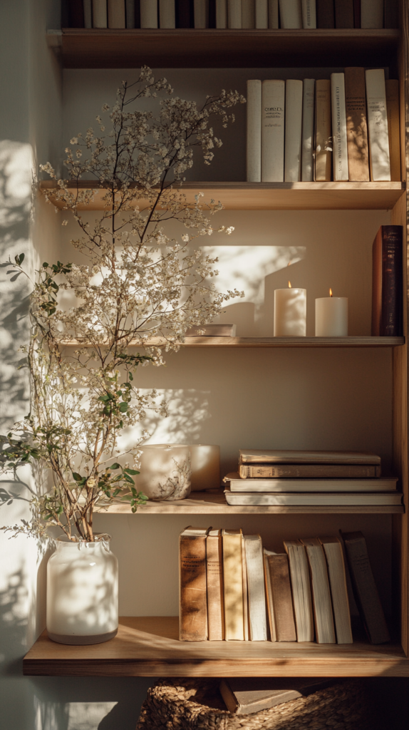 Wooden shelf with seasonal objects: dried stems, candles and neutral books