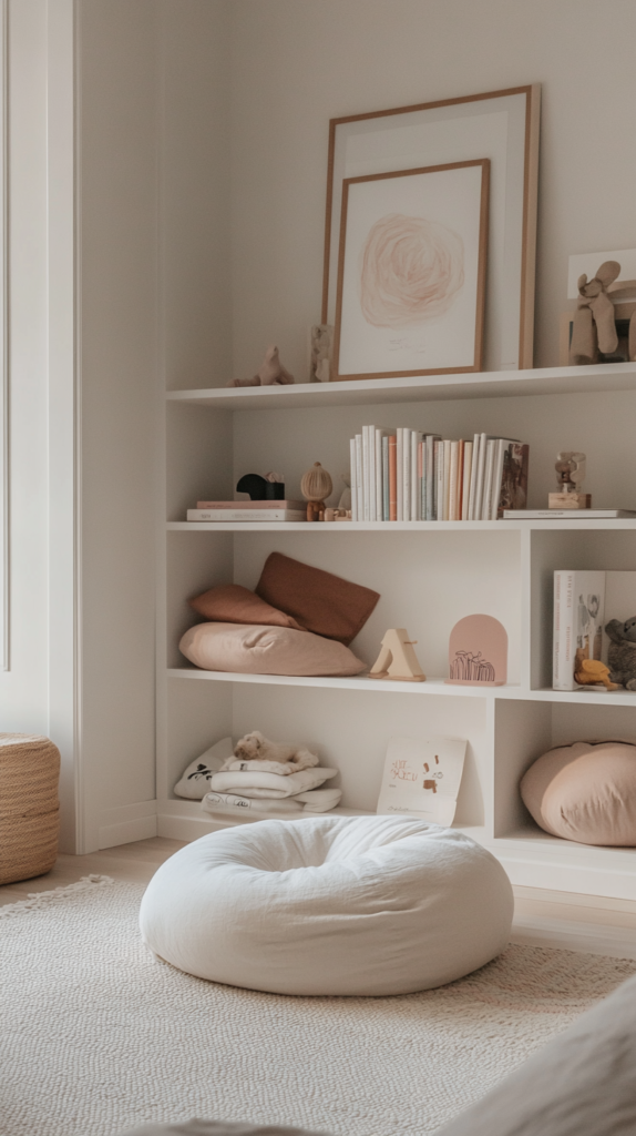 : Wall-mounted toddler bookshelf with bean bag and rug