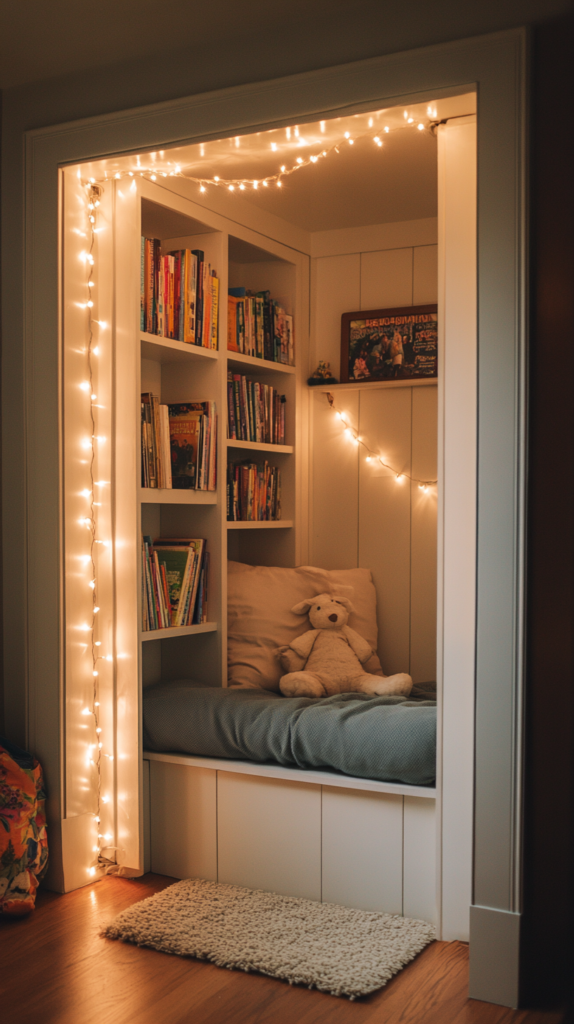 Closet turned into toddler reading nook with lights
