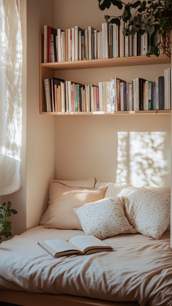 Daybed reading space for toddlers with soft pillows and books