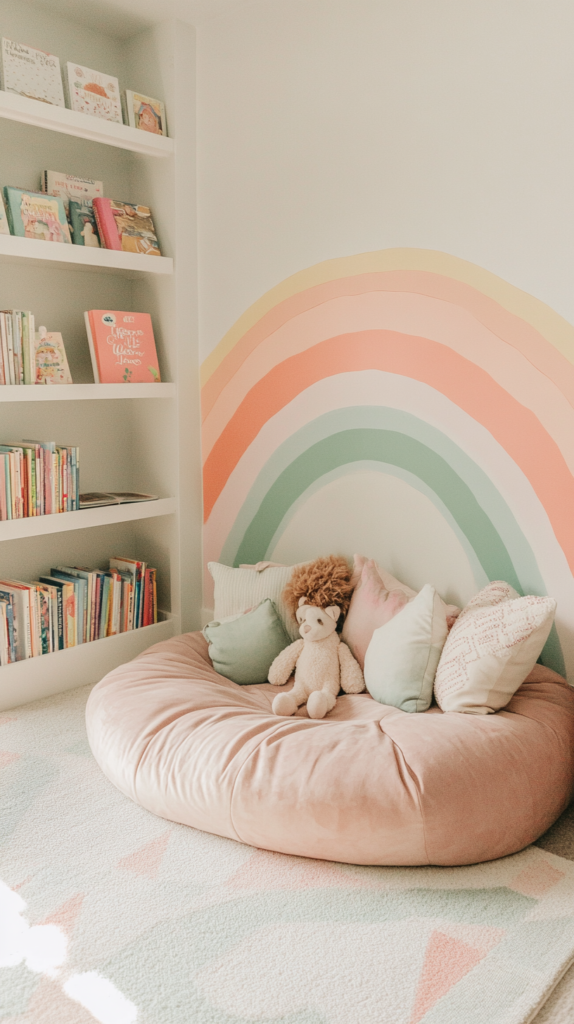 Reading corner for toddler girl with rainbow wall and books