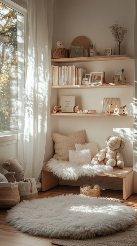 Minimal reading corner with wooden shelf and cozy rug