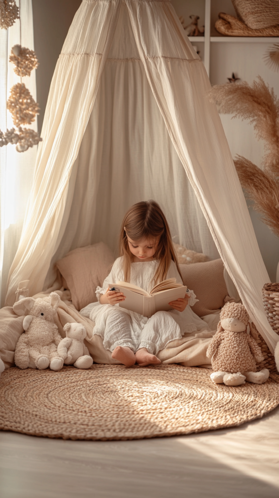 Reading corner with canopy and soft pillows for toddlers