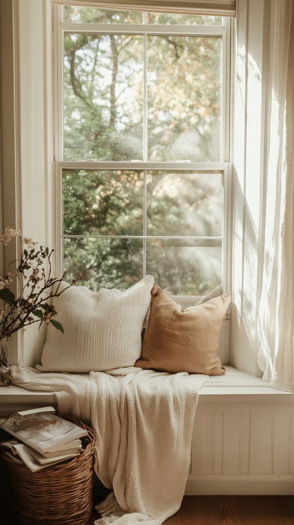 Toddler reading corner on window bench with pillows and books