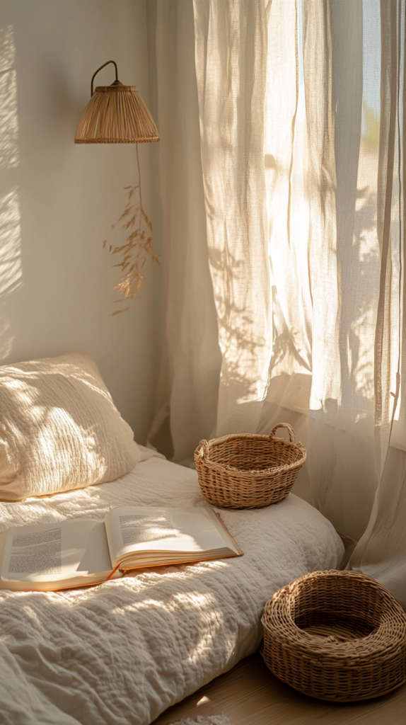 Toddler reading nook beside Montessori floor bed