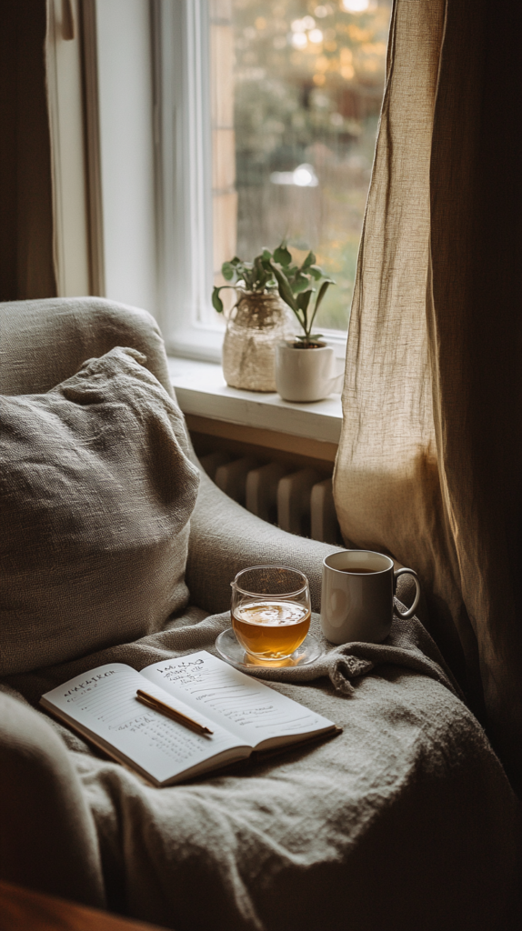 Ruhiger Wohnbereich mit Tee, Wochenplaner und Textilien in natürlichen Farbtönen.