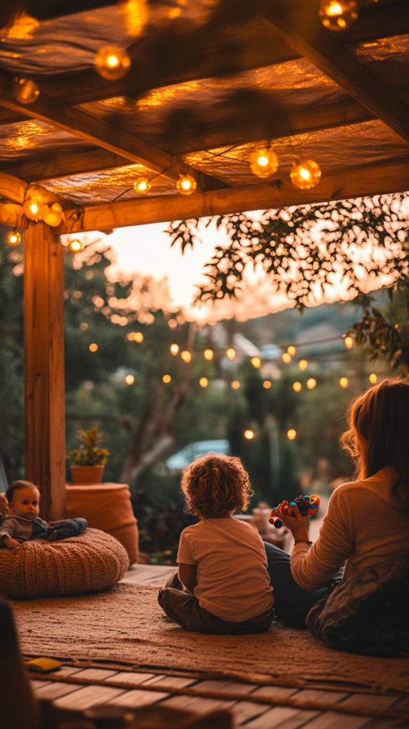 Family using pergola space from daytime to cozy evening light