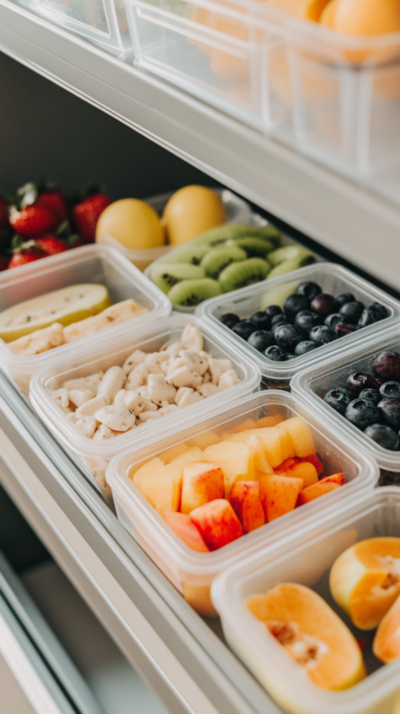 Fridge shelf with meal prep bins and labeled snack containers