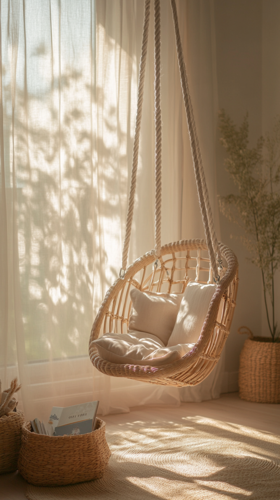 Toddler swing chair reading nook with books underneath