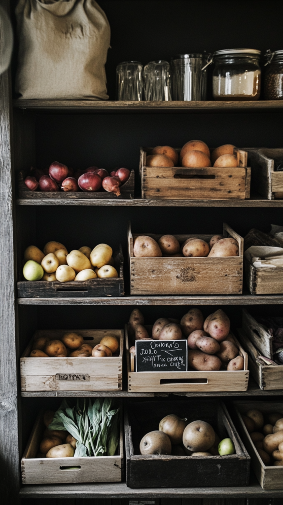 : Wooden pantry crates storing fresh produce with handwritten chalk tags