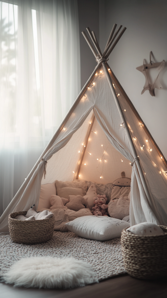 : Toddler reading tent with soft lights and books
