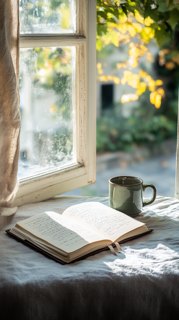 Journal and tea by window in calm decluttered space with soft spring light.