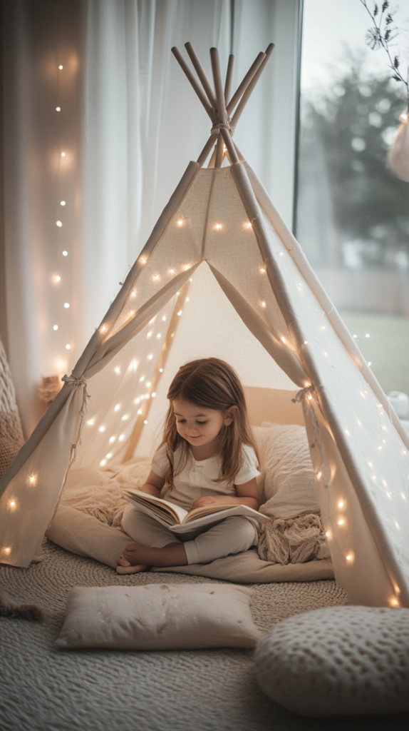 Toddler sitting in linen teepee with fairy lights and books around
