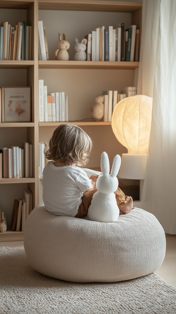 Minimal toddler reading nook with pouf, lamp, and bookshelf