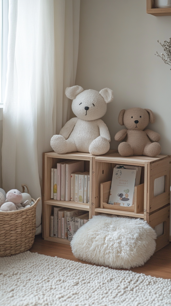 Wooden crates used as toddler bookshelf and seat