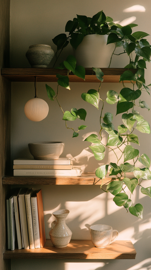 Shelf with trailing green plant in a clay pot next to books and wood decor