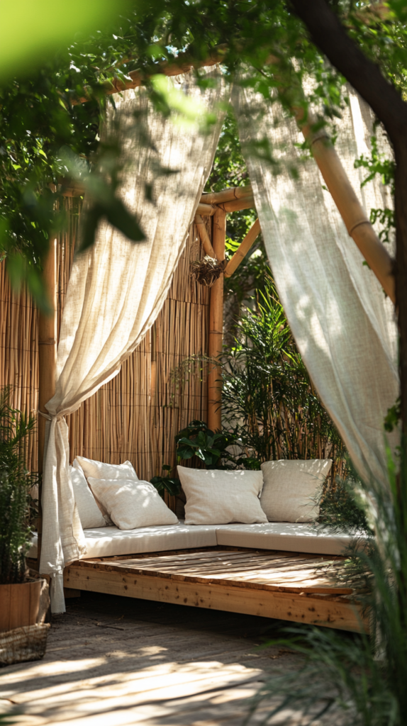 Small triangular pergola with wood posts and soft curtain in corner yard